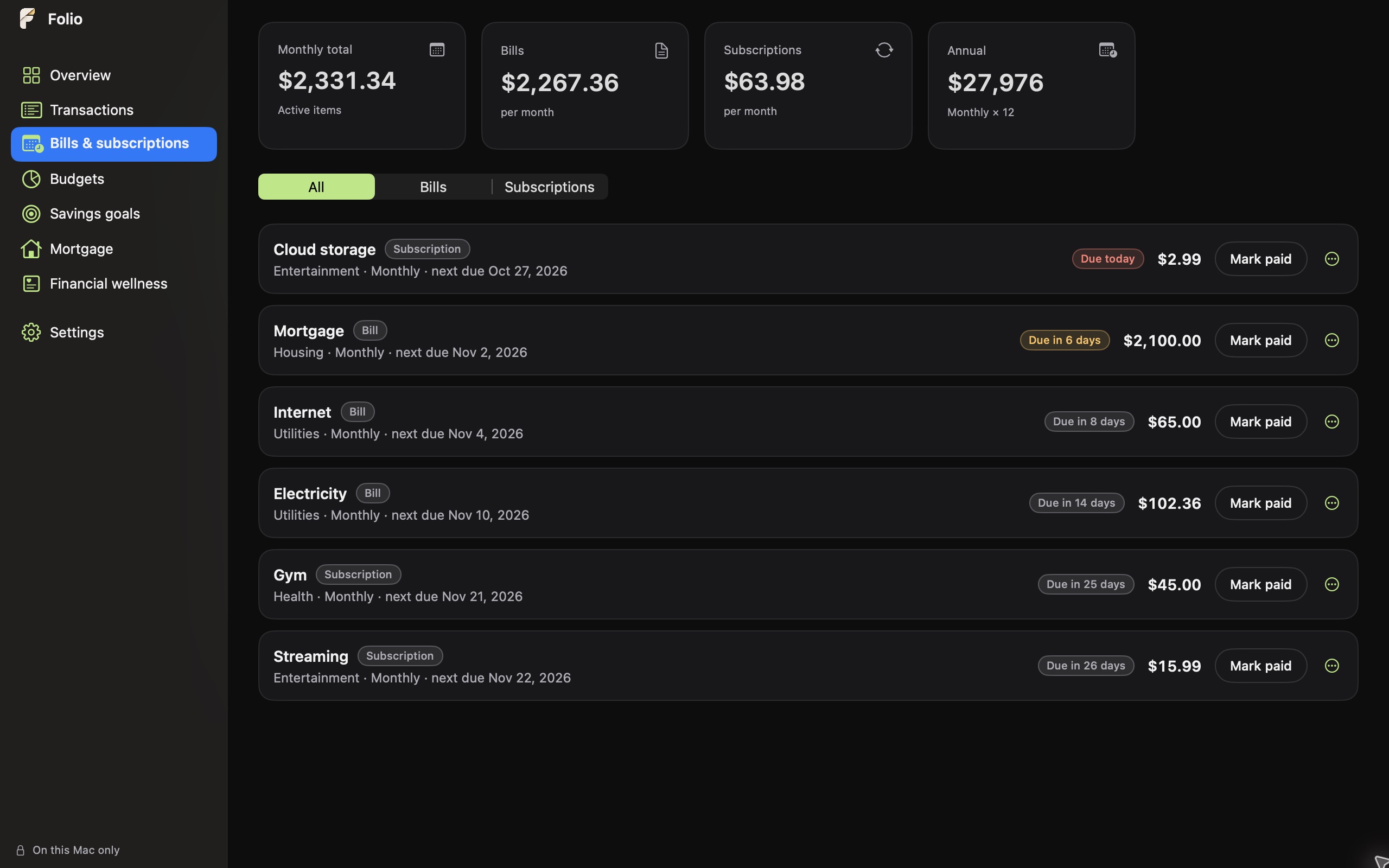 Folio Bills screen listing recurring bills and subscriptions with due dates and payment status.