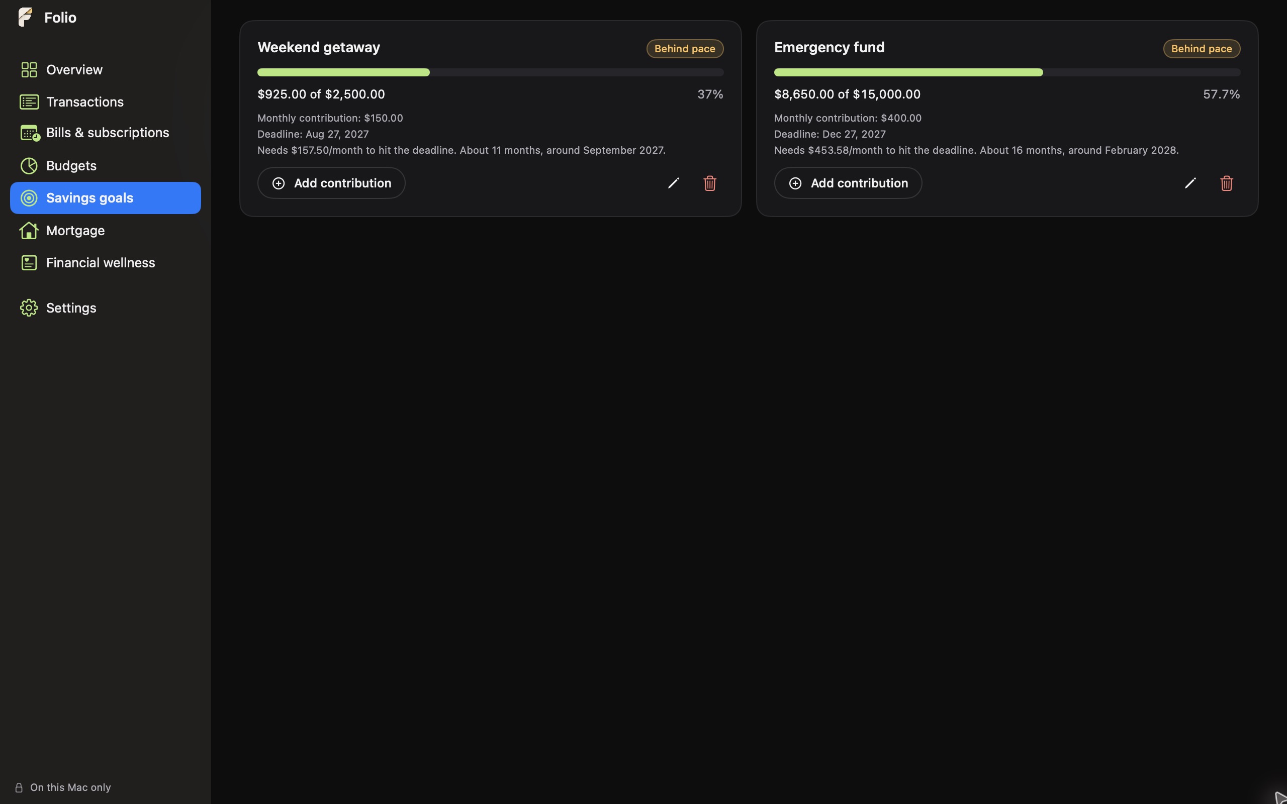 Folio Goals screen showing savings goals and progress toward each target.